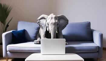 small elephant use laptop computer on sofa in clean bright living room, learning online and knowledge edcuaton concept, photo