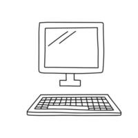 Hand draw doodle vintage computer. Vector line illustration isolated on white background