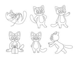 Vector illustrations character cat set. Outline funny cartoon kitty waving hand. Line sketch animal for coloring book isolated on white