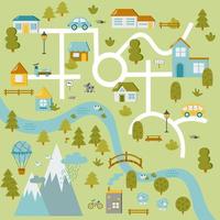 linda pueblo mapa para niños habitación. paisaje con lote detalles. jugar estera para niños actividad. vector ilustración