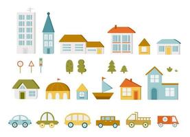 Design elements of a modern city. Create a map your own town with houses and cars. Decoration for the children. Vector illustration