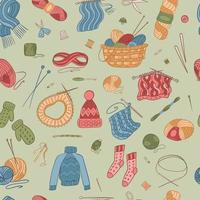 Seamless pattern vector illustration elements on white. Knitting tools, yarn, wools, knitting needles. Handmade knitwear and hobby concept.