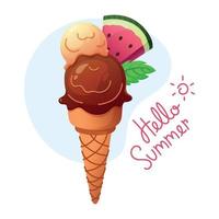 Vector colorful illustration of chocolate and vanilla balls ice cream in a waffle cone with piece of watermelon and mint. Hand drawed sun and lettering Hello Summer