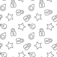 Monochrome vector seamless pattern of lock, light bulb, geolocation sign, star for web sites and polygraphy