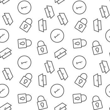 Seamless vector repeating pattern of information sign, door, lock is made of line icons for polygraphy and websites