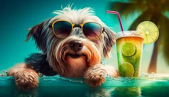 Cute dog - puddle wearing sun glasses enjoying at swimming pool on the beach with adrink, photo