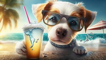 linda perro - charco vistiendo Dom lentes disfrutando en el playa con un bebida generativo ai foto