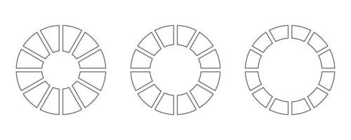 ruedas redondo dividido en doce secciones. diagramas infografía colocar. circulo sección grafico línea Arte. tarta gráfico iconos contorno rosquilla cartas o pasteles segmentario en 12 igual partes. entrenamiento rueda vida blanco. vector