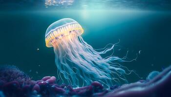 jellyfish swimming in deep sea, photo