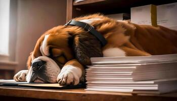 very tired big dog on the files in the office, photo