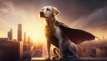 super hero dog on roof top over city, photo