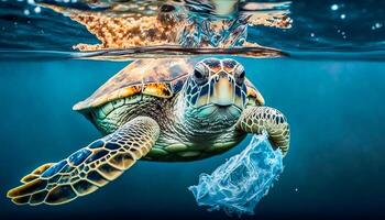 sea turtle swimming over plastic wastes in sea, photo