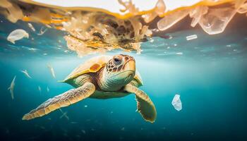 sea turtle swimming over plastic wastes in sea, photo