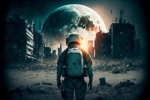 futuristic astronaut standing on the moon with new town, photo