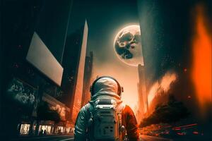 futuristic astronaut standing on the moon with new town, photo