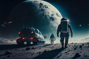 futuristic astronaut standing on the moon with space ship, photo