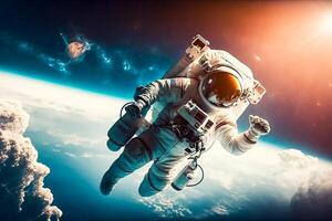 futurista astronauta volador en espacio, generativo ai foto