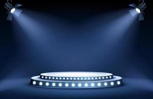 Round podium stage in spotlights rays, realistic vector