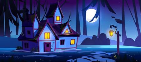 bruja casa en bosque paisaje a noche vector