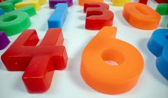 Macro shot of multi coloured magnetic numbers on plain white background photo