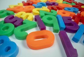 Macro shot of multi coloured magnetic numbers on plain white background photo