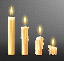 Burning candle, dripping or flowing wax, realistic vector