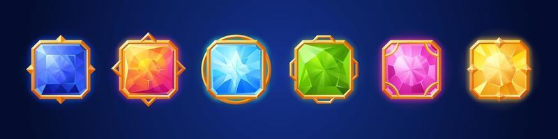 Match 3 gem game with gold frame. App jewel button vector