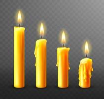 Burning candle, dripping or flowing wax, realistic vector