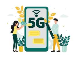 Vector illustration of 5G internet. A man with a pen, a woman with an envelope with wings are standing near a smartphone with a network, 5G and plants sign.