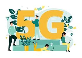 Vector illustration of 5G internet. Men with smartphone and netbook and women with laptops near the letter G and numbers 5, on the background of network icons, envelopes for letters, plants.