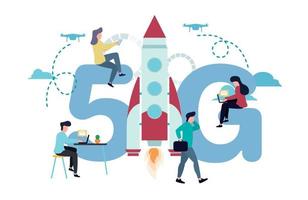 vector ilustración de 5g Internet. un hombre con un ordenador portátil a el mesa, otro con un maletín es caminando siguiente a el cohete, mujer son sentado en un 5g firmar, en contra el antecedentes de cuadricópteros.