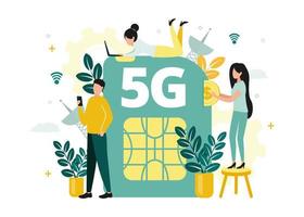 Vector illustration of 5G internet. A woman throws a dollar coin into a sim card, from above a woman with a laptop, next to a man with a smartphone, against the background of an antenna, leaves.