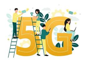 Vector illustration of 5G internet. Men and women stand on the stairs near the letter G and number 5, with an envelope, a network icon, a laptop and a smartphone in their hands