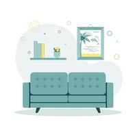 Vector illustration of the room in which the sofa stands, behind it on the wall is a shelf with books, a flower pot with a houseplant, a picture on which is a palm tree, sea, dolphin