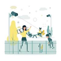 CCTV. Vector illustration of children swinging on a swing at a playground in kindergarten, video surveillance cameras shoot as a girl tries to climb out of the fence.