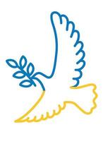 A blue yellow pigeon flies. A symbol of peace in support of Ukraine. Linear vector illustration.