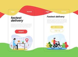 Set of fast delivery banner illustrations. Illustration of a courier on a bicycle delivers on the background of buildings and plants with the inscription fast delivery and text. vector