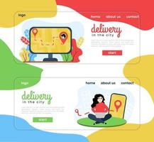 Set of illustrations banner city delivery. Illustration of a girl at a laptop making a delivery order, on a smartphone with a location icon. Illustration of parcel tracking. vector