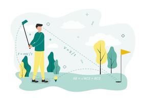 Golf illustration. A man with a club on the golf course trains to hit the hole, calculating the angle and scope, stands near the ball on the stand and the flag on the flagpole vector