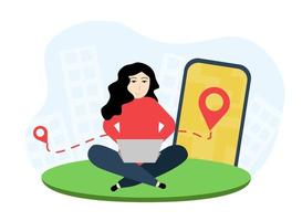 Delivery illustration. A woman sits with a laptop and makes an order. Girl makes an order online. A woman sits with a laptop on the background of a large smartphone with a location icon vector