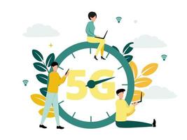 Vector illustration of 5G internet. Men and woman with a smartphone and laptops near a large clock with a 5G sign, on the background of network icons, clouds, plants