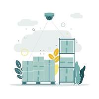 Video monitoring. Vector illustration of video surveillance of a warehouse with goods in boxes on a pallet and shelving, against a background of plants, leaves, clouds