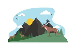 Deer character in a meadow in the mountains. The sun is over the mountains. Wild animals on the grass. Vector illustration.