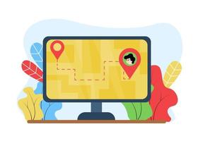 Delivery illustration. Package tracking. On the monitor, location icons with a dashed line between them, against the background of the plant. Location icons indicating the path on the monitor vector