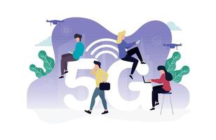 vector ilustración de 5g Internet. mujer con un computadora portátil, un teléfono inteligente son sentado en un taburete y el letra gramo, siguiente a un hombre con un teléfono y un maletín en su manos, cuadricópteros en el antecedentes.