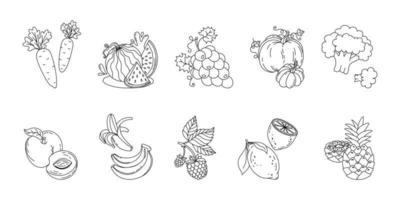 Fruits and berries doodle set Vector black and white illustration isolated on a white background