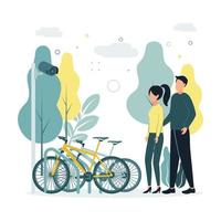circuito cerrado de televisión vector ilustración un hombre y un mujer estar cerca un bicicleta estacionamiento con bicicletas, un vigilancia cámara es siendo disparo, en el antecedentes son árboles, arbustos, nubes