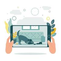 CCTV.Video Surveillance. Remote access. A man looks into a tablet or phone and seeing that the dog is chewing on things. Watching the dog with video surveillance. Vector illustration