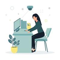 circuito cerrado de televisión vector ilustración un vigilancia cámara dispara un mujer sentado a un mesa en un silla, trabajando a un computadora, siguiente a un carpeta, un flor maceta con plantas de interior