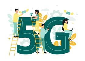 Vector illustration of 5G internet. Men and women stand on the stairs near the letter G and number 5, with an envelope, a network icon, a laptop and a smartphone in their hands.